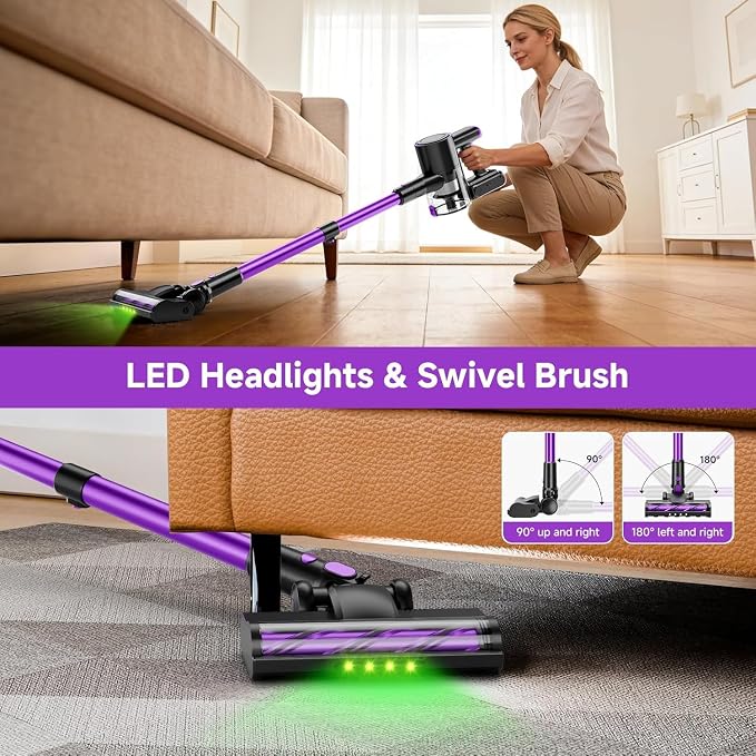 Cordless Vacuum Cleaner, 500W/40Kpa Vacuum Cleaners for Home, Stick Vacuum Cordless with LED Display, Anti-Tangle & Wall