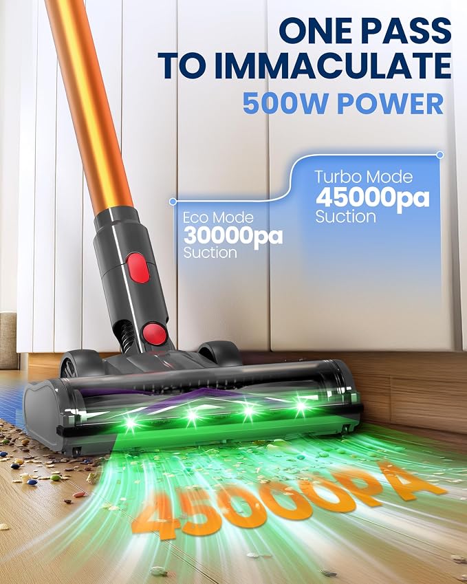 Cordless Vacuum Cleaner, 500W/45KPA/40Mins Lightweight Stick Vacuum for Home, LED Display and Green Headlights, 6-Stages