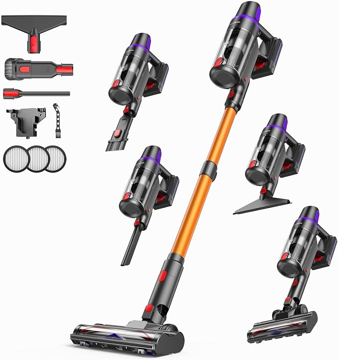 Cordless Vacuum Cleaner, 500W/45Kpa Stick Vacuum for Home, Anti-Tangle Brush & 8-in-1 Self-Standing, Up to 60Mins Runtime