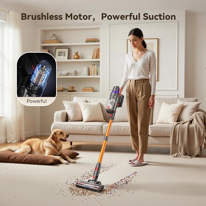 Cordless Vacuum Cleaner, 500W/45Kpa Stick Vacuum for Home, Anti-Tangle Brush & 8-in-1 Self-Standing, Up to 60Mins Runtime