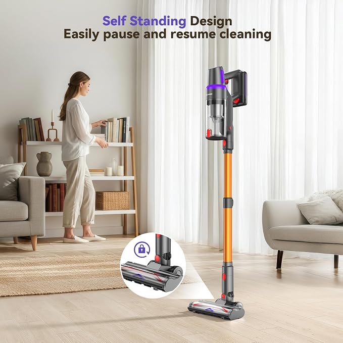Cordless Vacuum Cleaner, 500W/45Kpa Stick Vacuum for Home, Anti-Tangle Brush & 8-in-1 Self-Standing, Up to 60Mins Runtime