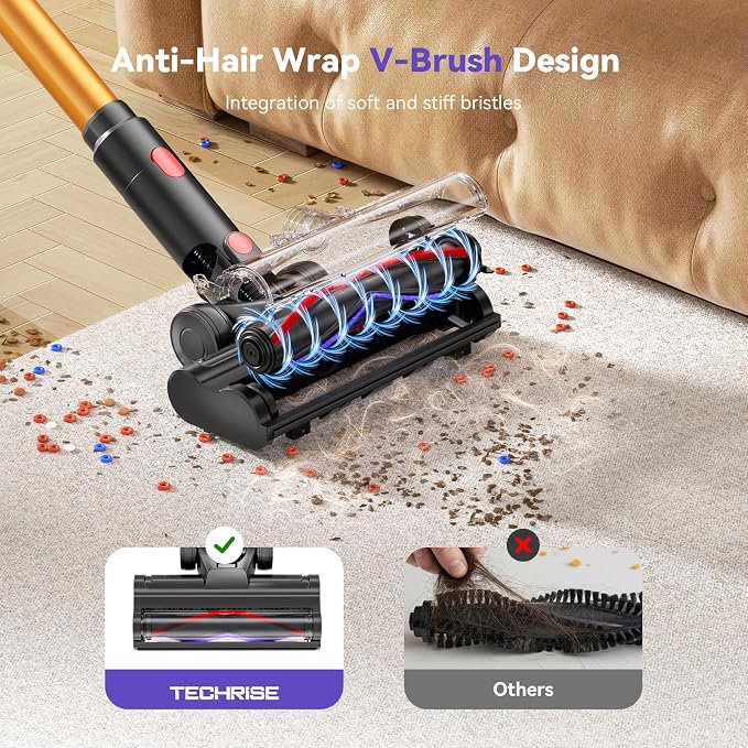 Cordless Vacuum Cleaner, 500W/45Kpa Stick Vacuum for Home, Anti-Tangle Brush & 8-in-1 Self-Standing, Up to 60Mins Runtime