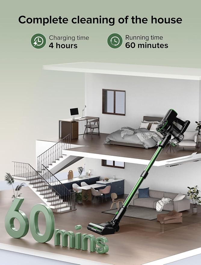Cordless Vacuum Cleaner, 550W/45Kpa/60Mins, Cordless Stick Vacuum Cleaner with Self-Standing and Touch Screen, 6-in-1