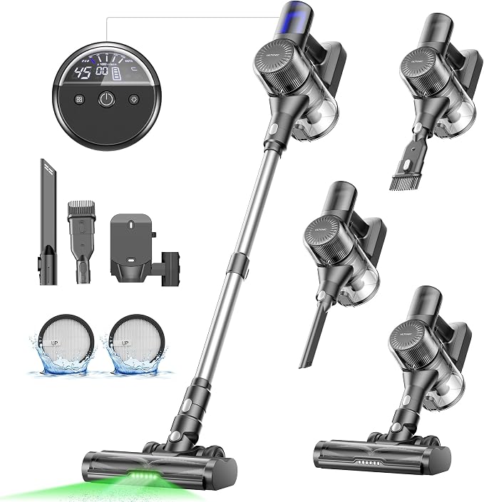 Cordless Vacuum Cleaner, 550W 50Kpa Stick Vacuum with Car Dashboard Screen, Tangle-Free Brush for Pet Hair, Max 45mins