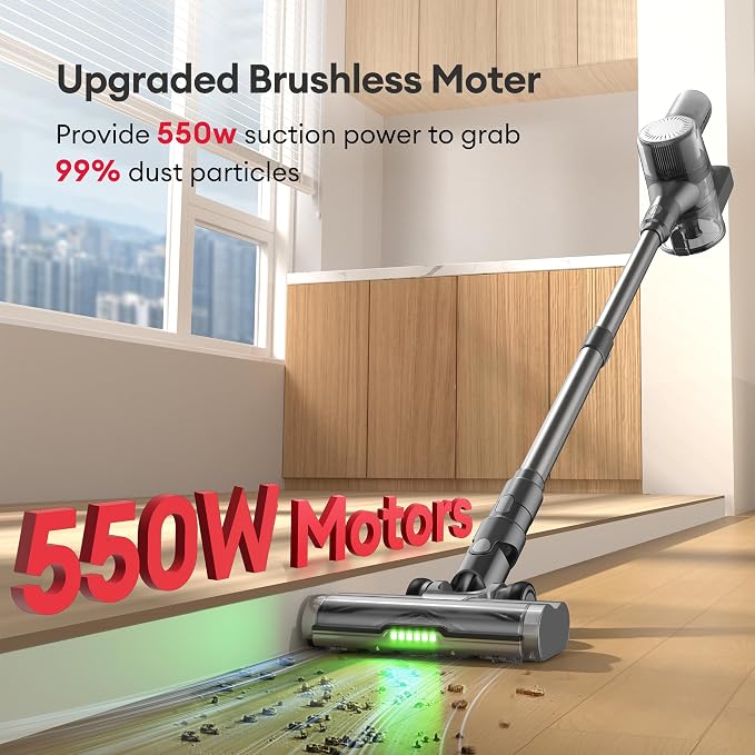 Cordless Vacuum Cleaner, 550W 50Kpa Stick Vacuum with Car Dashboard Screen, Tangle-Free Brush for Pet Hair, Max 45mins