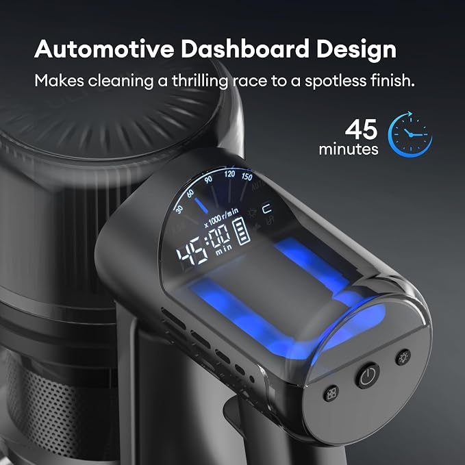 Cordless Vacuum Cleaner, 550W 50Kpa Stick Vacuum with Car Dashboard Screen, Tangle-Free Brush for Pet Hair, Max 45mins