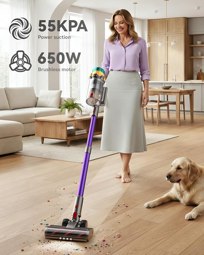 Cordless Vacuum Cleaner, 55KPA 65Mins XL Dust Cup Vacuum Cleaners for Home, Stick Vacuum with Anti-Tangle Brush,LED