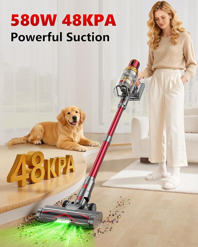 Cordless Vacuum Cleaner, 580W 48Kpa 65Mins Vacuum Cleaners for Home, Self-Standing Stick Vacuum with Auto Scrapping Dust