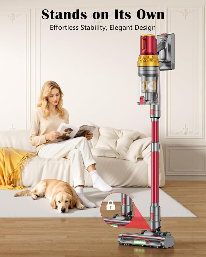 Cordless Vacuum Cleaner, 580W 48Kpa 65Mins Vacuum Cleaners for Home, Self-Standing Stick Vacuum with Auto Scrapping Dust