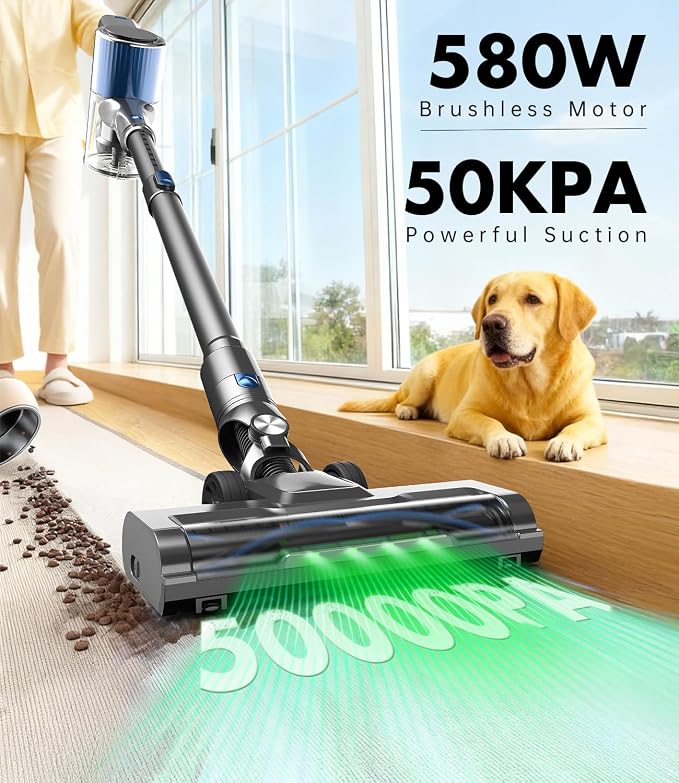 Cordless Vacuum Cleaner, 580W/50Kpa/50Mins Stick Vacuum for Home, LED Touch Screen, Anti-Tangle, Wall Mount Charging