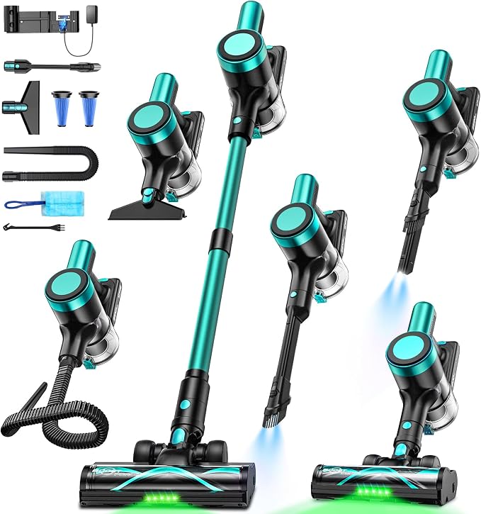 Cordless Vacuum Cleaner,58kPa/10-in-1 Stick Vacuum with 29-inch Hose and LED Lighting Brush,50Mins Runtime Vacuum Cleaner for