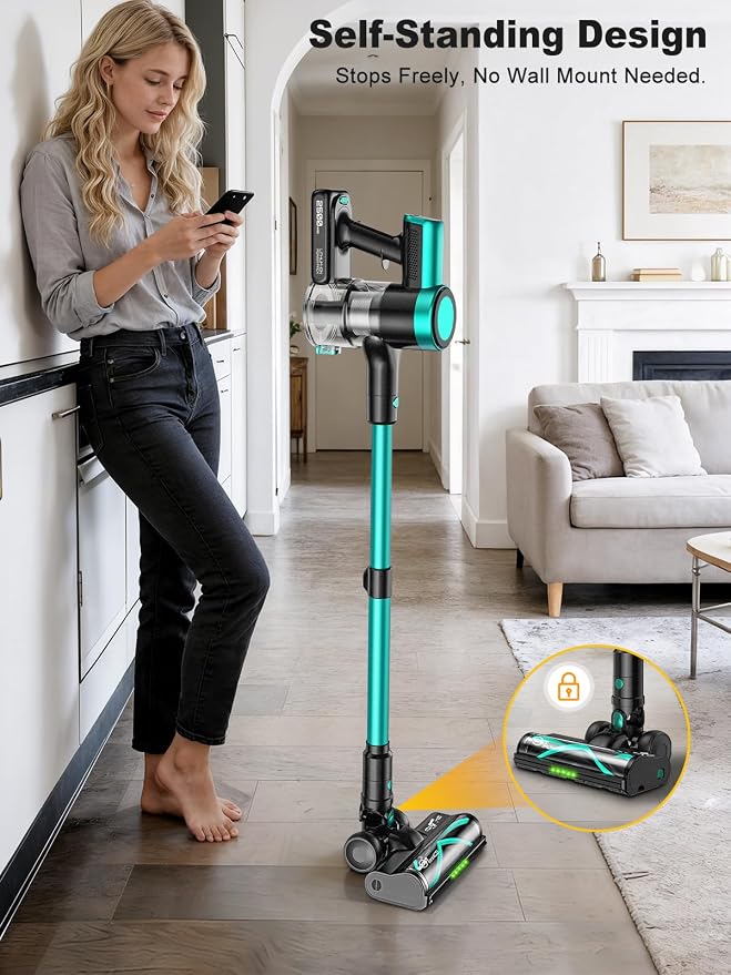 Cordless Vacuum Cleaner,58kPa/10-in-1 Stick Vacuum with 29-inch Hose and LED Lighting Brush,50Mins Runtime Vacuum Cleaner for