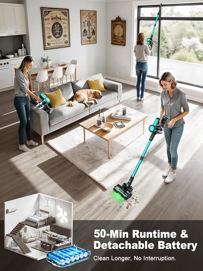 Cordless Vacuum Cleaner,58kPa/10-in-1 Stick Vacuum with 29-inch Hose and LED Lighting Brush,50Mins Runtime Vacuum Cleaner for