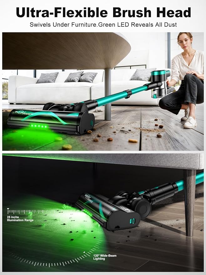 Cordless Vacuum Cleaner,58kPa/10-in-1 Stick Vacuum with 29-inch Hose and LED Lighting Brush,50Mins Runtime Vacuum Cleaner for