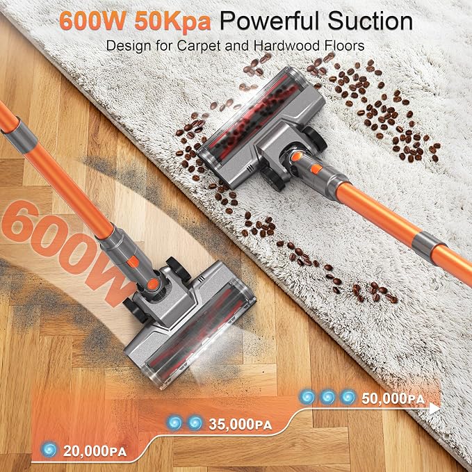 Cordless Vacuum Cleaner, 600W 50KPA 55Mins Vacuum Cleaners for Home, Stick Vacuum with LED Display, Anti-Tangle, Wall Mount