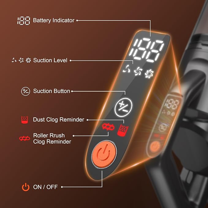 Cordless Vacuum Cleaner, 600W 50KPA 55Mins Vacuum Cleaners for Home, Stick Vacuum with LED Display, Anti-Tangle, Wall Mount