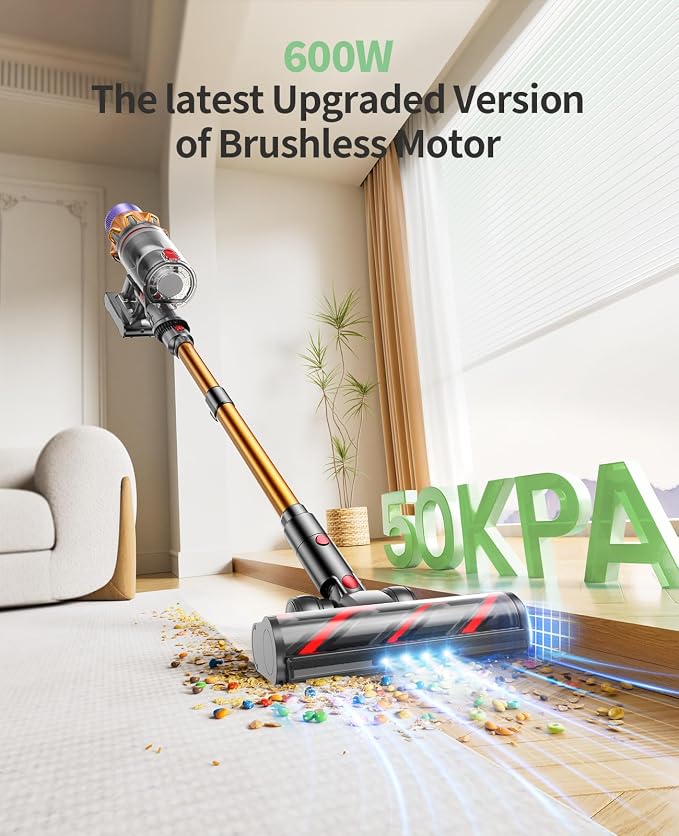 Cordless Vacuum Cleaner, 600W 50KPA 65Mins Cordless Stick Vacuum Cleaner With Touch Screen, Self-Standing,Wall Mount