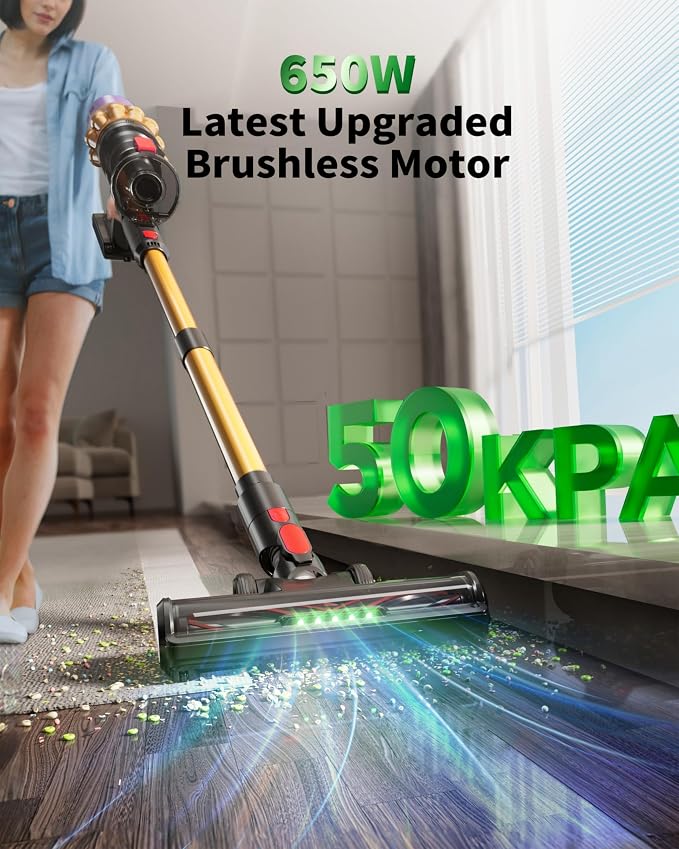 Cordless Vacuum Cleaner, 650W 50KPa 70-Min Runtime Stick Vacuum, Self-Standing Lightweight Vacuum for Home, Pet Hair