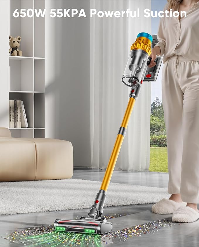 Cordless Vacuum Cleaner, 650W/55KPA/70 Mins Vacuum Cleaners for Home with Self-Standing, Anti-Tangle Brush, Smart Display and