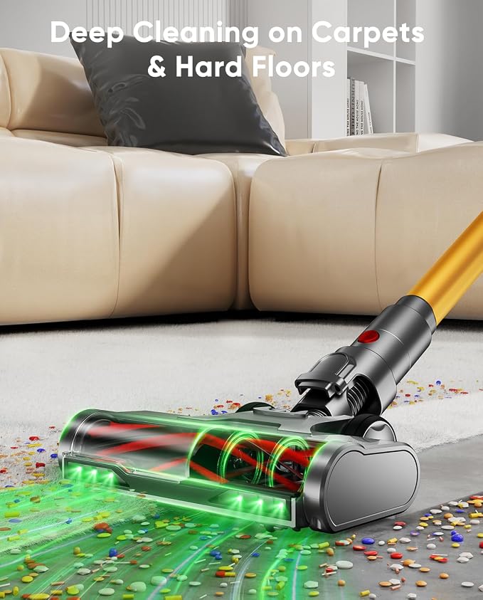 Cordless Vacuum Cleaner, 650W/55KPA/70 Mins Vacuum Cleaners for Home with Self-Standing, Anti-Tangle Brush, Smart Display and