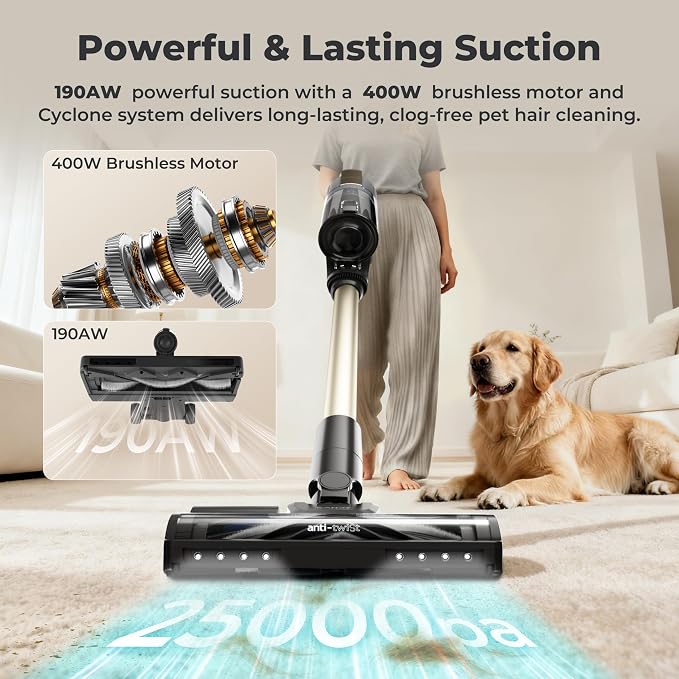 Cordless Vacuum Cleaner,65Mins Stick Vacuum Cleaners for Home,400W/190AW Powerful Suction,Anti-Tangle,LED