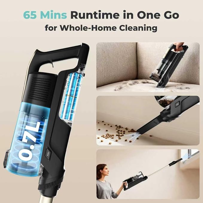 Cordless Vacuum Cleaner,65Mins Stick Vacuum Cleaners for Home,400W/190AW Powerful Suction,Anti-Tangle,LED