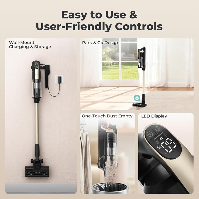 Cordless Vacuum Cleaner,65Mins Stick Vacuum Cleaners for Home,400W/190AW Powerful Suction,Anti-Tangle,LED