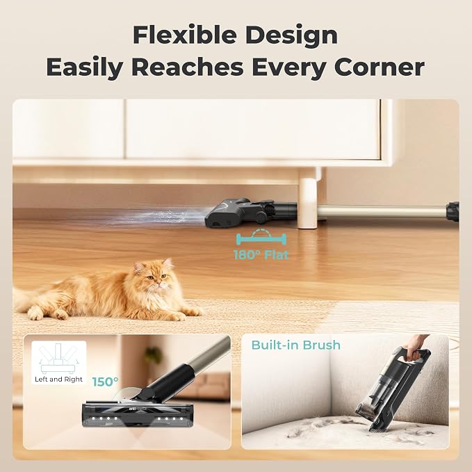 Cordless Vacuum Cleaner,65Mins Stick Vacuum Cleaners for Home,400W/190AW Powerful Suction,Anti-Tangle,LED