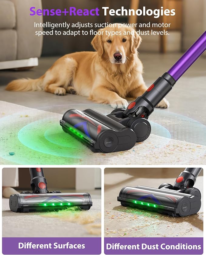 Cordless Vacuum Cleaner, 75Mins/55KPa/650W Freestanding Stick Vacuum Cleaners for Home, Rechargeable, Lightweight, Cone