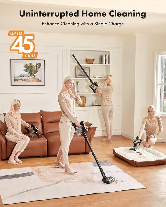 Cordless Vacuum Cleaner, 8-in-1 Lightweight Stick Vacuum with 45mins Runtime, Powerful Suction, Vacuum Cleaners for Home