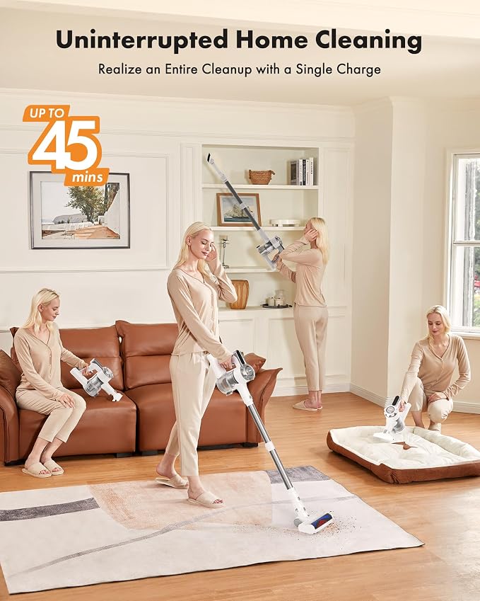 Cordless Vacuum Cleaner, 8-in-1 Lightweight Stick Vacuum with 45mins Runtime, Powerful Suction, Vacuum Cleaners for Home