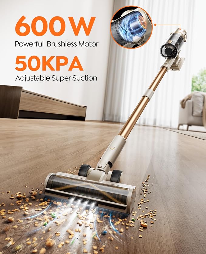 Cordless Vacuum Cleaner,80Mins/50kpa/600W Vacuum Cleaners for Home,Stick Vacuums with Self-Standing,Touch Screen,LED