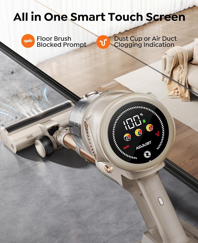 Cordless Vacuum Cleaner,80Mins/50kpa/600W Vacuum Cleaners for Home,Stick Vacuums with Self-Standing,Touch Screen,LED