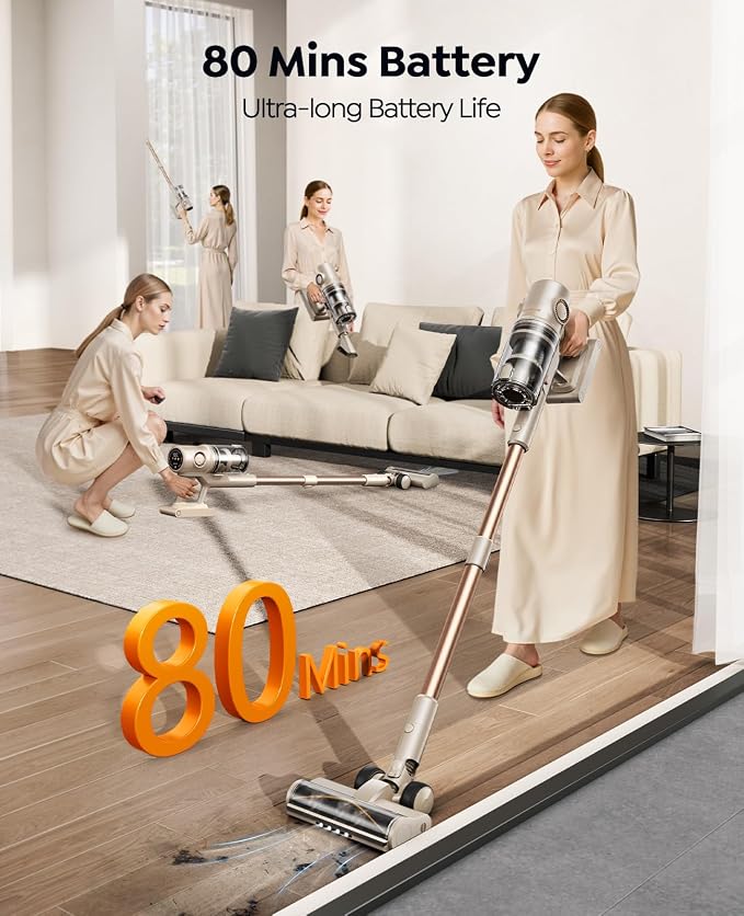 Cordless Vacuum Cleaner,80Mins/50kpa/600W Vacuum Cleaners for Home,Stick Vacuums with Self-Standing,Touch Screen,LED