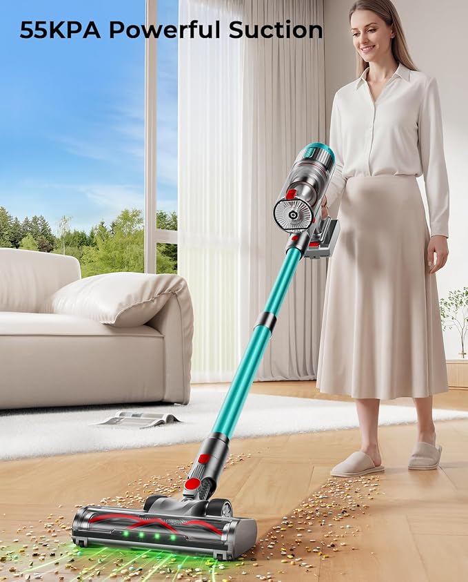 Cordless Vacuum Cleaner, 80Mins 650W/55KPA Self-Standing Vacuum Cleaners for Home, Stick Vacuum with Anti-Tangle Brush