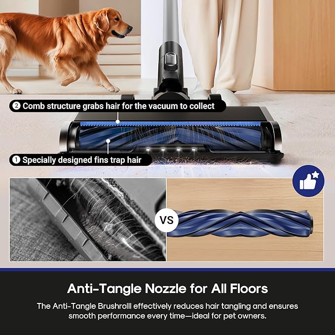 Cordless Vacuum Cleaner, Anti-Tangle Brushroll, Rechargeable Stick Vacuum, Lightweight for Carpet, Hard Floor, Pet Hair