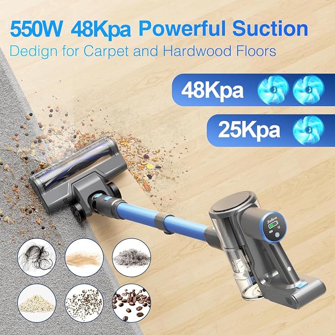 Cordless Vacuum Cleaner for Home,550W /48Kpa 50Mins Stick Vacuum,Anti-Tangle 1.5L Dust Cup, Rechargeable Wireless Handheld