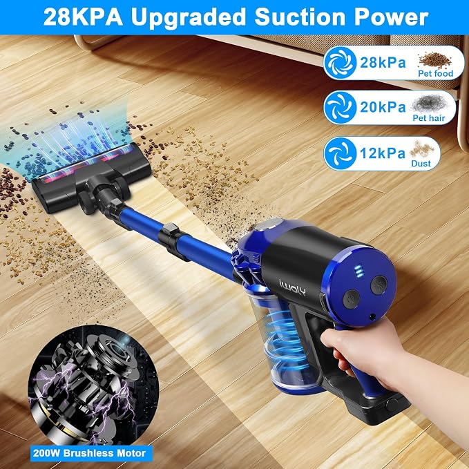 Cordless Vacuum Cleaner for Home, Brushless Stick Vacuum with 28KPa Powerful Suction, Rechargeable Battery, 3 Modes, Portable