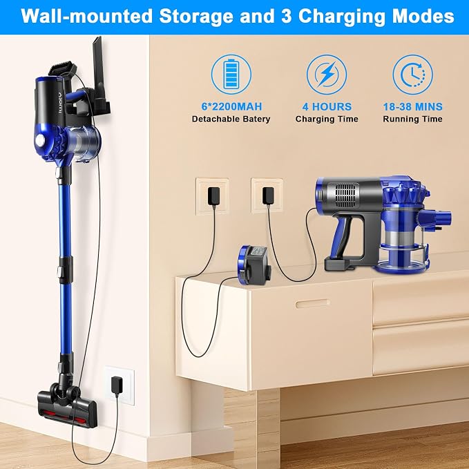 Cordless Vacuum Cleaner for Home, Brushless Stick Vacuum with 28KPa Powerful Suction, Rechargeable Battery, 3 Modes, Portable