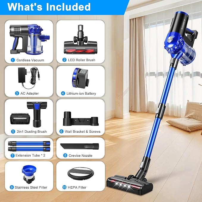 Cordless Vacuum Cleaner for Home, Brushless Stick Vacuum with 28KPa Powerful Suction, Rechargeable Battery, 3 Modes, Portable