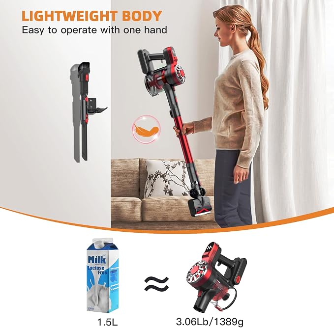 Cordless Vacuum Cleaner for Home,Lightweight Stick Vacuum Cordless Rechargeable with Power Suction, Up to 35 Mins Runtime