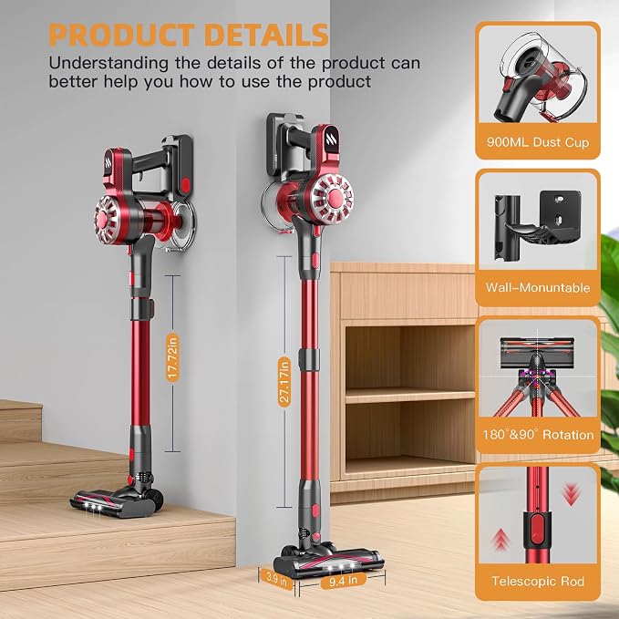 Cordless Vacuum Cleaner for Home,Lightweight Stick Vacuum Cordless Rechargeable with Power Suction, Up to 35 Mins Runtime