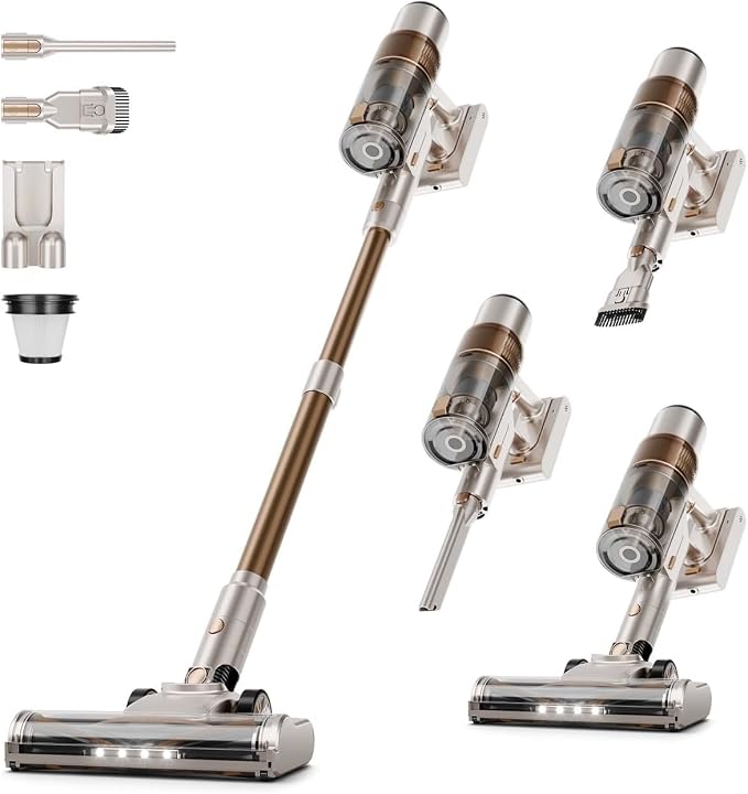Cordless Vacuum Cleaner: Portable 6-in-1 Stick Vacuum with Anti-Tangle Brush, LED Headlight, Self-Standing, HD Display