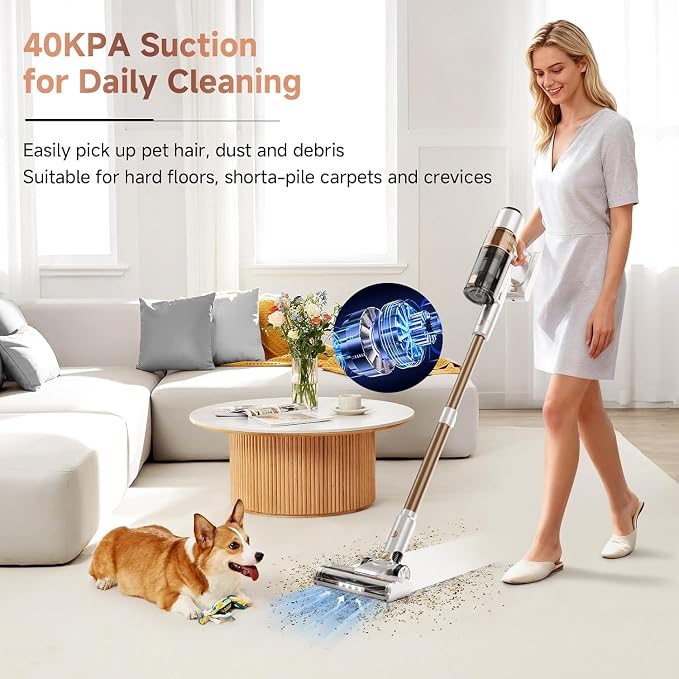 Cordless Vacuum Cleaner: Portable 6-in-1 Stick Vacuum with Anti-Tangle Brush, LED Headlight, Self-Standing, HD Display
