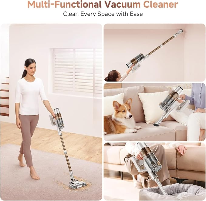 Cordless Vacuum Cleaner: Portable 6-in-1 Stick Vacuum with Anti-Tangle Brush, LED Headlight, Self-Standing, HD Display