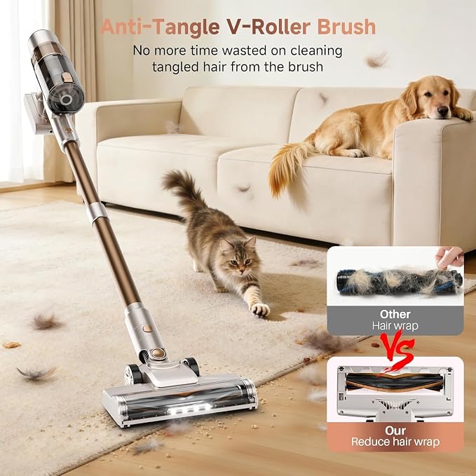 Cordless Vacuum Cleaner: Portable 6-in-1 Stick Vacuum with Anti-Tangle Brush, LED Headlight, Self-Standing, HD Display