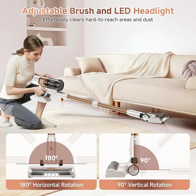 Cordless Vacuum Cleaner: Portable 6-in-1 Stick Vacuum with Anti-Tangle Brush, LED Headlight, Self-Standing, HD Display