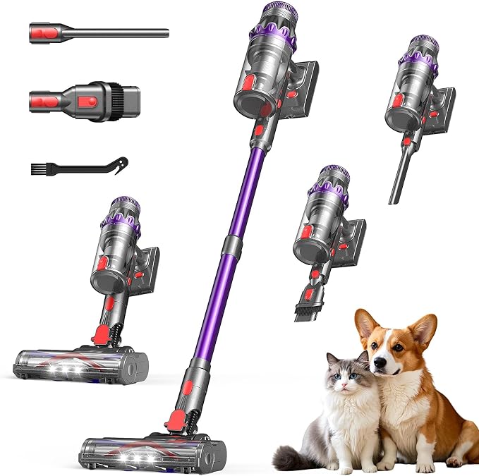 Cordless Vacuum Cleaner, Powerful Stick Vacuum with 70Mins Runtime and Touch Screen, Self-Standing, Anti-Tangle Vacuum