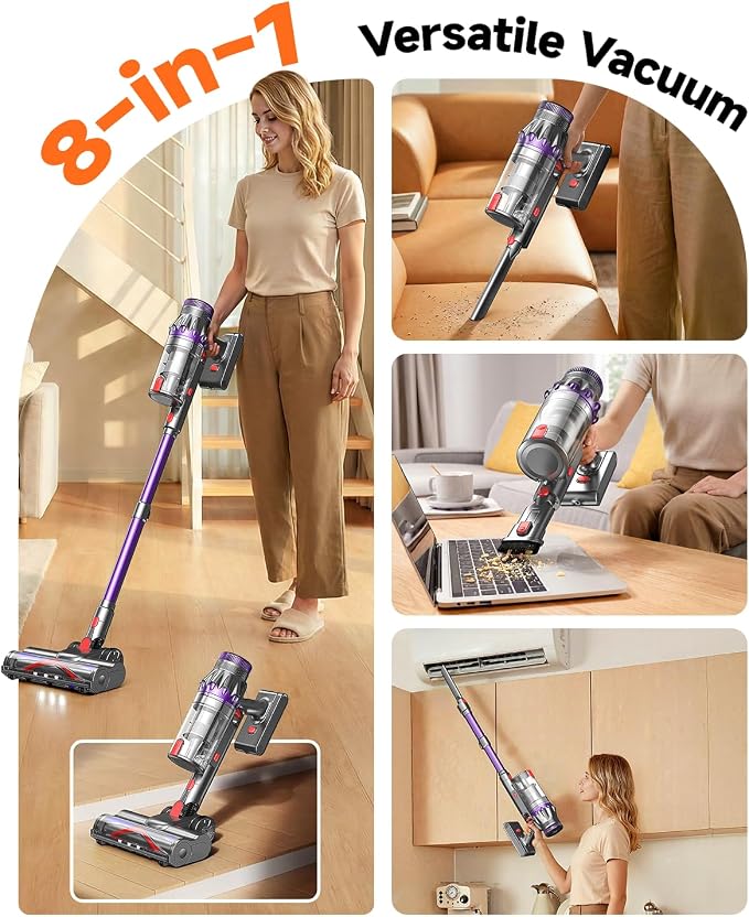 Cordless Vacuum Cleaner, Powerful Stick Vacuum with 70Mins Runtime and Touch Screen, Self-Standing, Anti-Tangle Vacuum