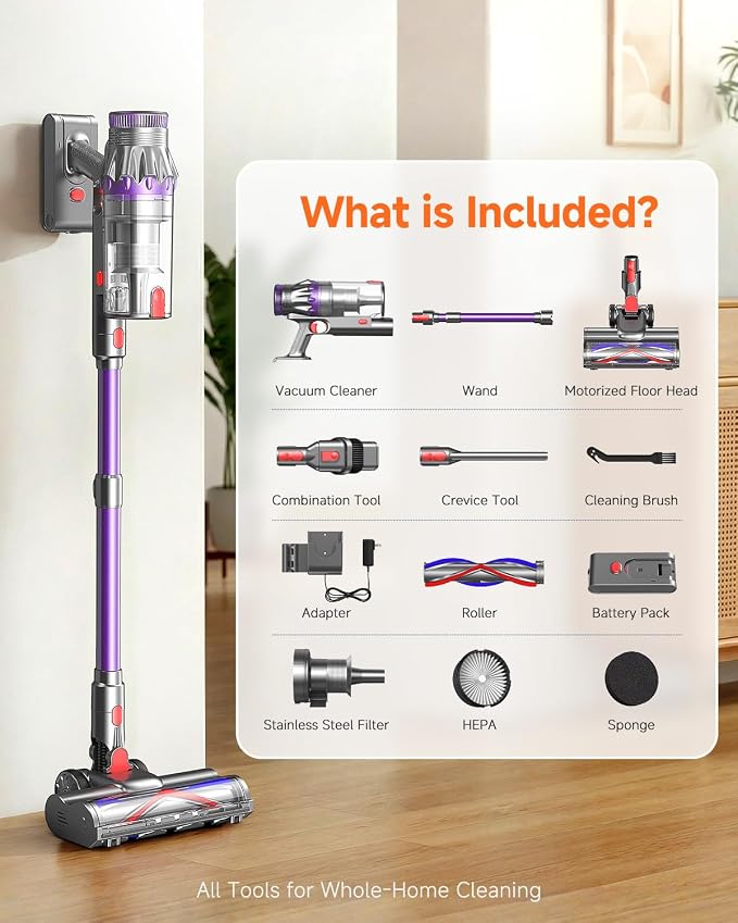 Cordless Vacuum Cleaner, Powerful Stick Vacuum with 70Mins Runtime and Touch Screen, Self-Standing, Anti-Tangle Vacuum